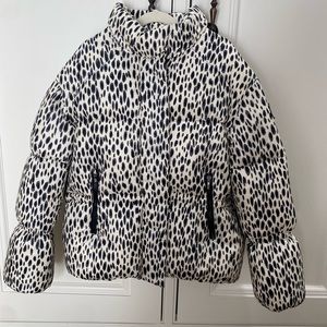 Moncler Girls Animal Print Puffer jacket with detachable, white fur hood.